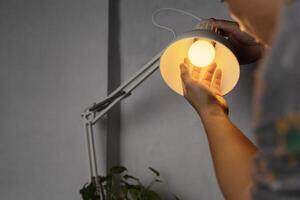 Handyman choosing between energy save and cheap incandescent lamp while changing light in the appartment photo