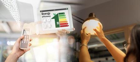 Woman change a new electric bulb, open air conditioning 25 degrees make a home more energy efficient. Home appliance energy efficient. Household equipment and energy class chart. photo