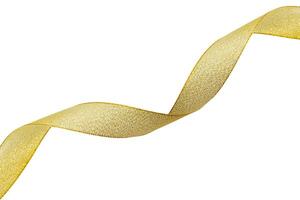 Curled golden ribbon on white background. Shiny golden ribbon winded in spiral pattern on white background. Backdrop for text or announcement. photo