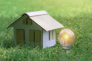 Lightbulb and house model on a background of green grass. photo