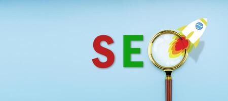 Magnifying glass on blue background. SEO rocket ejected analogy about internet analytics. Business, Technology, Internet and network concept photo