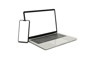 Laptop and smartphone, display. on white background workspace mock up design. photo