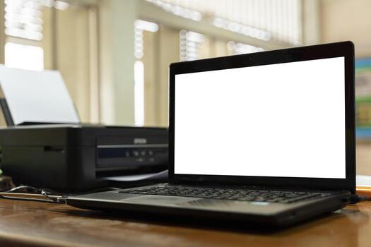 Creative designer desktop with blank white pc computer display. Front view. Advertising concept. Mock up. photo