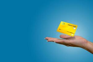 Close up woman holding floating bank card template with online service. photo