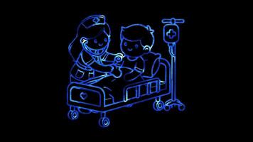 Glowing looping International Women Day nurse visiting a patient at home. neon frame effect, black background. video