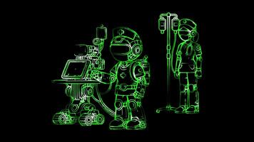 Glowing looping International Women Day Futuristic image of nursing with advanced technology. neon frame effect, black background. video