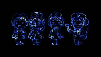 Glowing looping International Women Day nurses working in different specialized fields . neon frame effect, black background. video