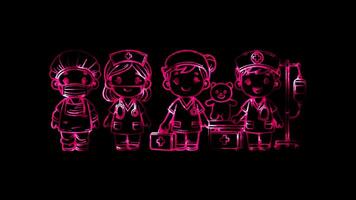 Glowing looping International Women Day nurses working in different specialized fields . neon frame effect, black background. video