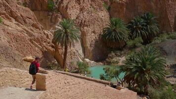 Hiker with backpack going down the staircase to small lake in desert. video