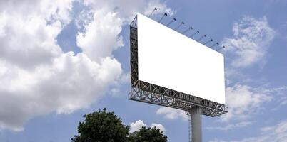 Mockup large billboard or poster displayed on the outdoor against the blue sky background. 3d rendering. photo
