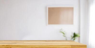 Wood table in modern home room interior with empty copy space on the table for product display mockup. photo