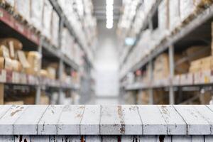 Wooden table top in front of big blurred inventory stock. background for product display montage. photo