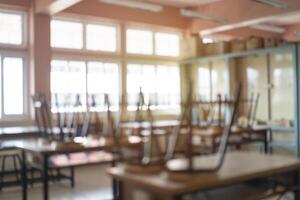 School classroom in blur background without young student Blurry view of elementary class room no kid or teacher with chairs and tables photo
