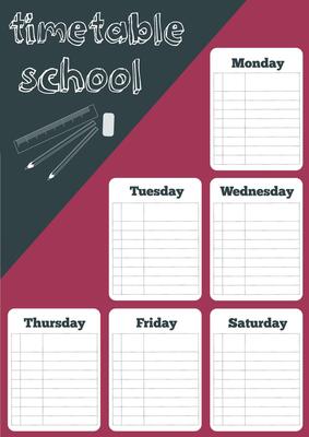 Colorful school timetable with red and black geometric abstractions. Portrait orientation.
