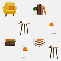 Seamless pattern with armchairs, coffee tables, floor lamps and books. vector