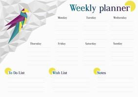 Weekly planner with white polygons and a colorful parrot. vector