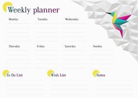 Weekly planner with white polygons and colorful hummingbird. vector