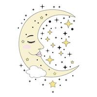 The moon with stars in the sky. A cartoon style of the moon with clouds. vector