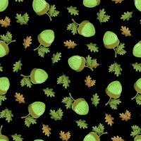 Seamless pattern with a green acorn on a black background. Autumn pattern with leaves vector