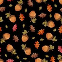 Seamless pattern with an acorn on a black background. Autumn pattern with leaves vector