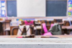 White wooden floor table in the foreground on school classroom in blur background without young student photo