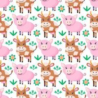 Seamless pattern of pig and cow. Repeatable textile print, wallpaper design. vector