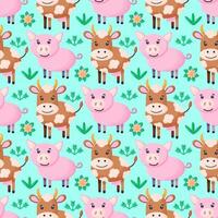 Seamless pattern of pig and cow. Repeatable textile print, wallpaper design. vector