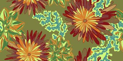 a colorful pattern with flowers on a green background vector