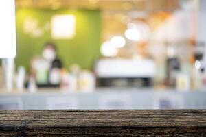 image of wooden table in front of abstract blurred background photo