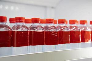 Row of bottles with red beverage on a shelf photo