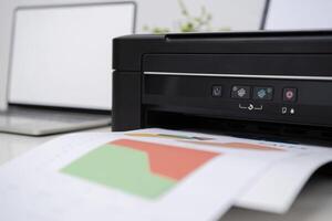 Office table. Printer and computer. photo