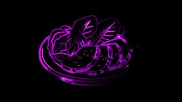 Glowing looping St Patrick Day Plate of corned beef and cabbage. neon frame effect, black background. video