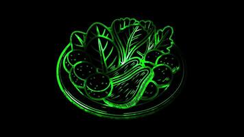 Glowing looping St Patrick Day Plate of corned beef and cabbage. neon frame effect, black background. video
