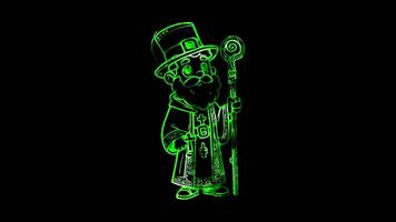 Glowing looping St Patrick Day Saint Patrick silhouette with a shamrock . neon frame effect, black background. video
