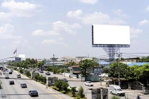 Billboard canvas mockup in city background. photo