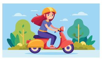 A Girl Sitting on a Scooter Wearing a Helmet, Isometric Illustrations on a Blue Background vector