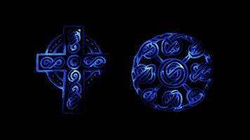 Glowing looping St Patrick Day Ancient Celtic symbols and crosses. neon frame effect, black background. video