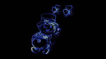 Glowing looping St Patrick Day leprechaun with a pot of gold. neon frame effect, black background. video