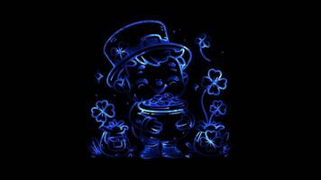 Glowing looping St Patrick Day leprechaun with a pot of gold. neon frame effect, black background. video