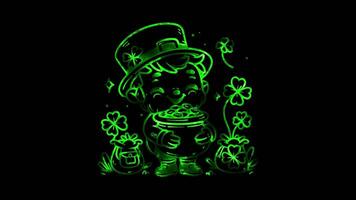 Glowing looping St Patrick Day leprechaun with a pot of gold. neon frame effect, black background. video