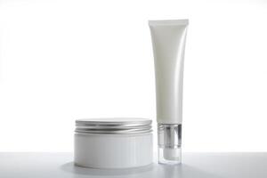 Mock-up two empty container cream pump bottles and a cream jar for skincare is uncover photo