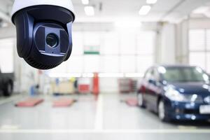 CCTV camera or surveillance system in background of Checkpoint. Auto repair shop in bokeh, defocused background photo