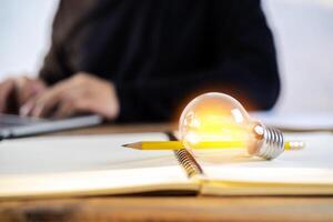 A light bulb is placed on book for reading, acquiring knowledge and finding new ideas photo