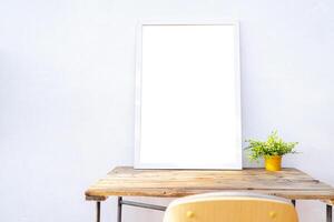 Design scandinavian interior of living room with wooden console, mock up poster frame photo