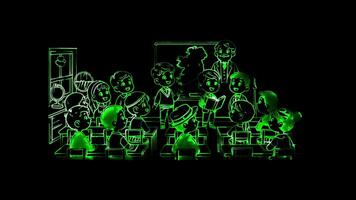 Glowing looping Children learning about Ireland and St. Patrick Day. neon frame effect, black background. video