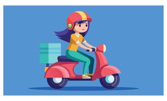 A Girl Sitting on a Scooter Wearing a Helmet, Isometric Illustrations on a Blue Background vector