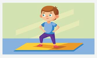 A Little Boy Balances on a Yoga Mat, Isometric Illustrations on Blue Background vector