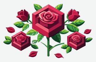Exquisito Rosa isométrica ilustraciones en prístino blanco antecedentes vector