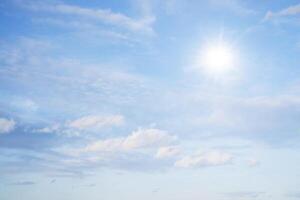 The sky is full of clouds floating around, both small and large, the sun is shining brightly photo