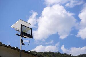 solar cell street lamp in blue sky using for technology nature ecology power. photo